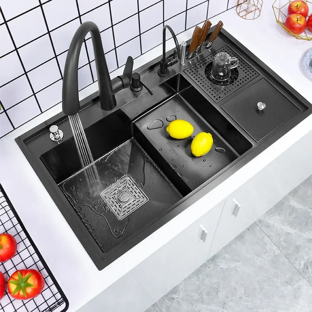 Nano Kitchen Sink Multi-Function Stepped Kitchen Sink 304 Stainless Steel Vegetable Washing Basin With High Pressure Cup Washer