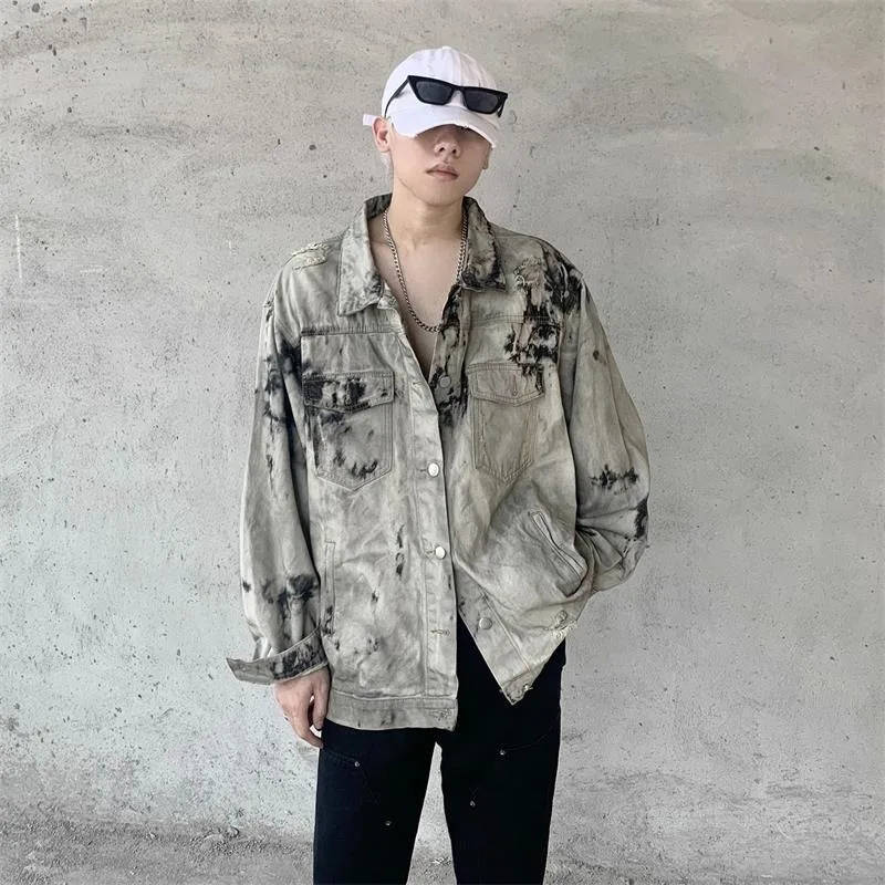 

Свободный мужской джинсовый кардиган Jaet Oversize American Sle Tie Dye Спецодежда Пальто Молодежная мода Осень Зима Уличная одежда Топ