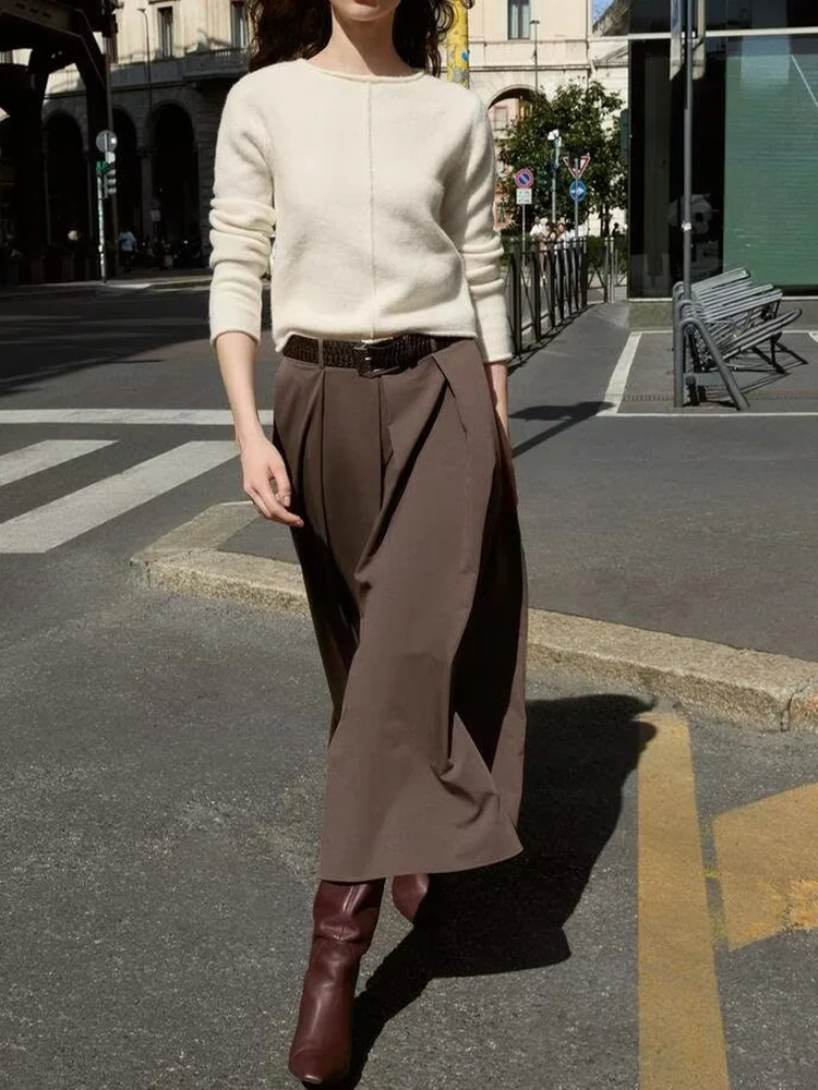 

Европейский и американский стиль, осенняя новая модная тенденция, простая темпераментная женская одежда с высокой талией, трапециевидной формы с поясом, юбка миди