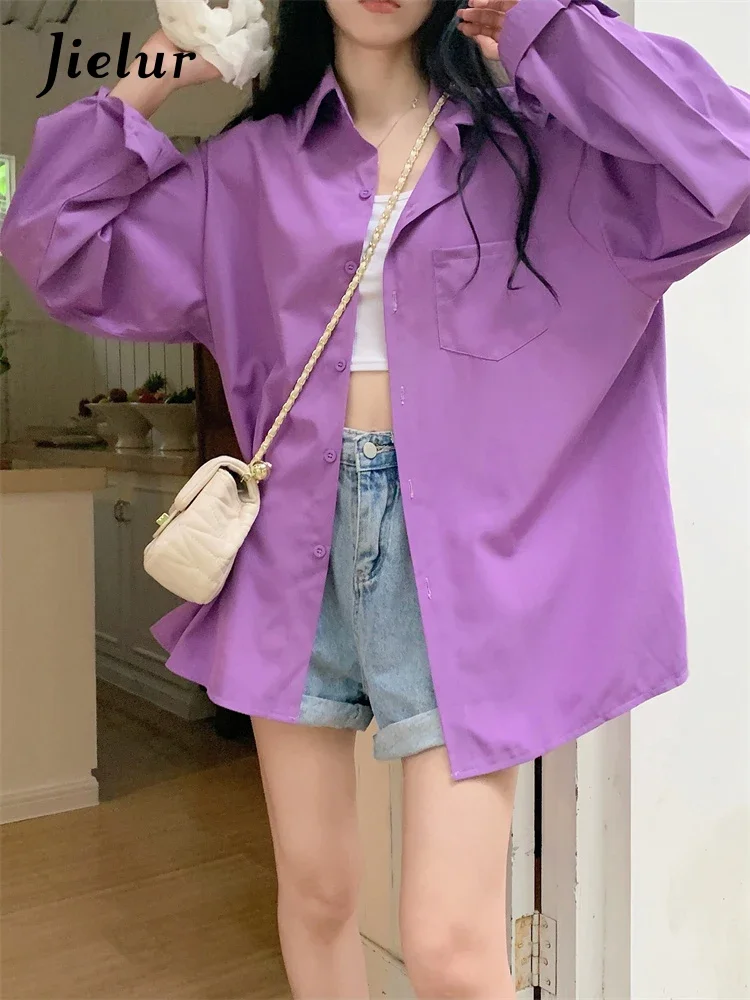 

Jielur Summer New Street Solid Color Women Shirt Slim Sweet Ladies Chic Shirt Woman Apricot Blue Green Purple Loose Top Female