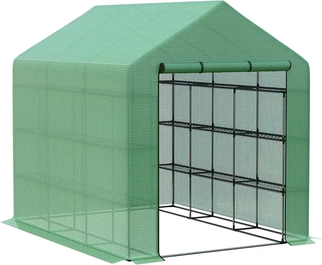 

8'x6'x7' Portable 4-Tier Walk in Greenhouse w/ Roll Up Zipper Door for Flower Herb Vegetable,Protective Polyethylene Tent,Green