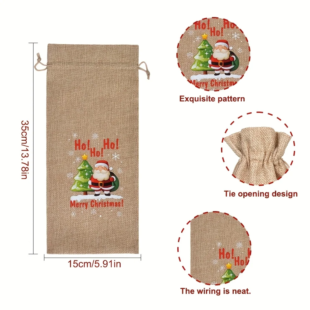 Festive Christmas Wine Bottle Gift Bags - Red & Khaki Burlap Tote Bags with Santa Claus, Christmas Trees, Christmas Decorations view 3