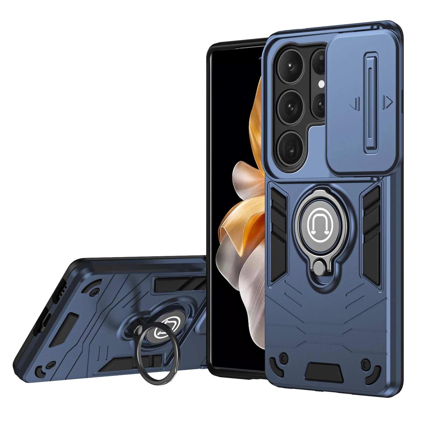 Sliding Window Metal Finger Holder Case for Samsung Galaxy S26 Ultra S25 Plus S24 Shockproof Armour Camera Protection Cover