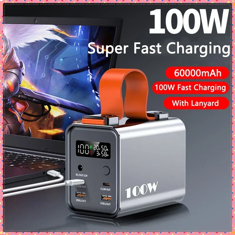 

Power Bank 60000mAh PD 100W Fast Charging for iPhone Samsung Huawei Laptop Notebook Powerbank 12V DC Output for Heated Clothing
