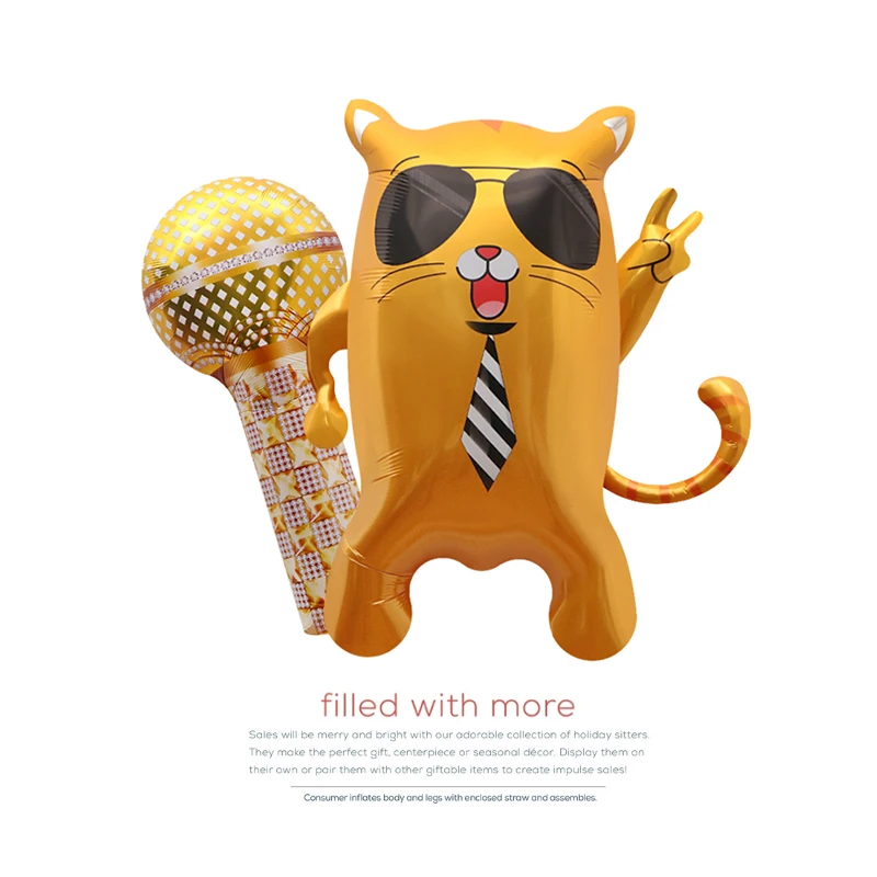 (1Pc) Birthday Party Decoration Arrangement Photo Props Toy Balloon Cool Cat Cartoon Shape Aluminum Film Balloon Microphone Radio Sunglasses