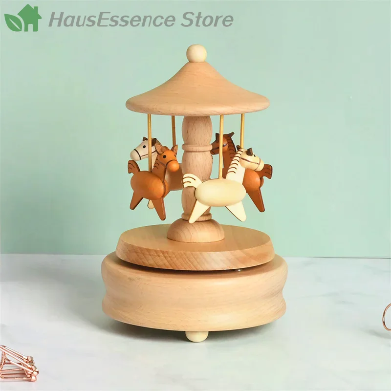 ※Wooden Carousel Music Storage Box Ornaments Rotatable Hand-cranked Do It Yourself Hand Made Birthday Christmas Gift