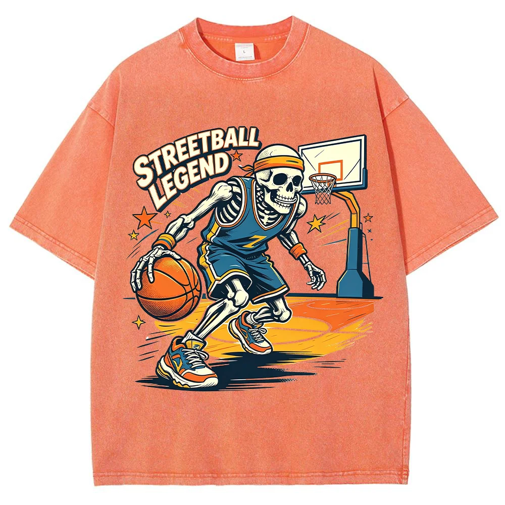 Men Streetball Legend Skeleton T Shirt Vintage Washed Cotton Basketball Graphic Oversized Short Sleeve Dark Grey Tops