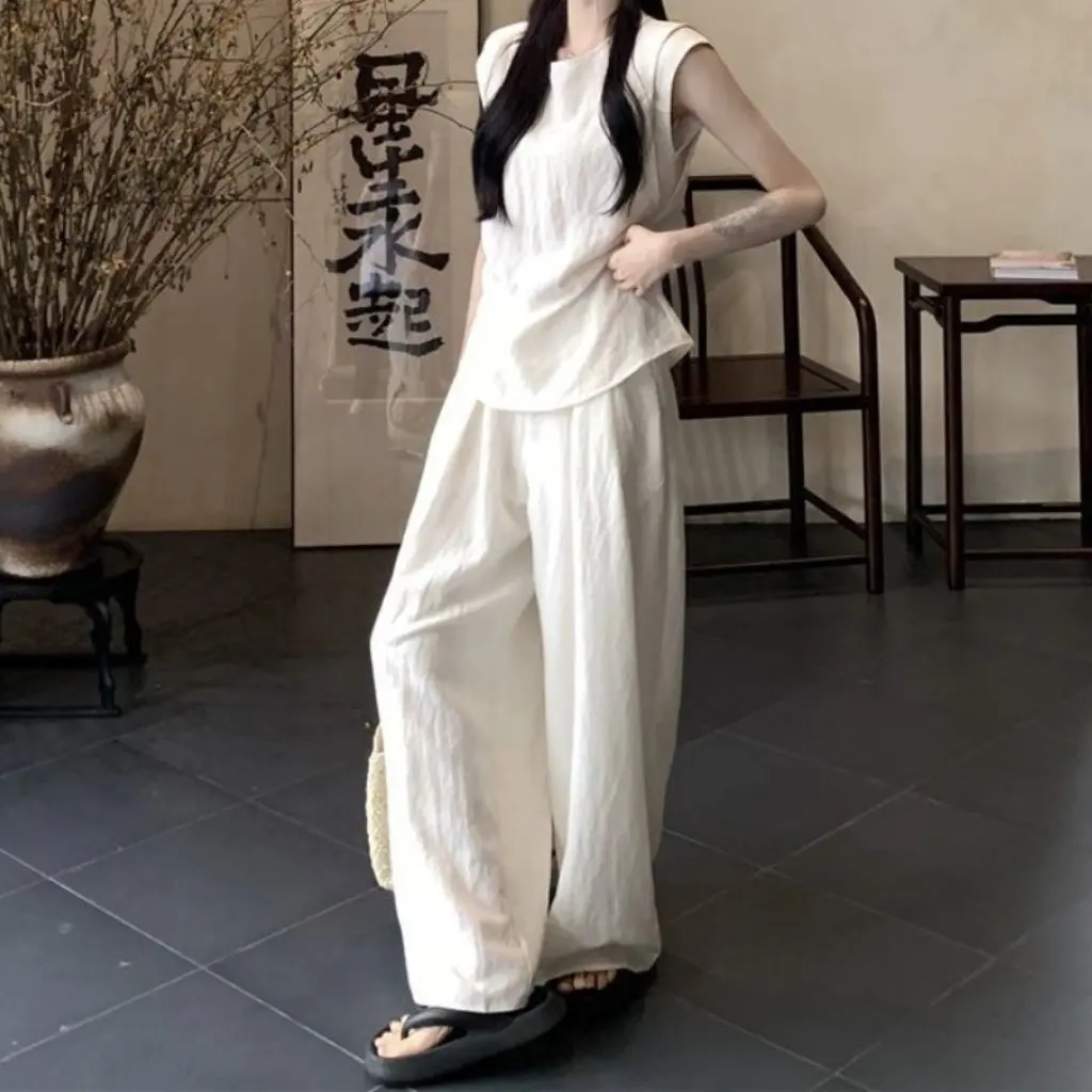 

Женская мода, однотонный комплект с широкими брюками и высокой талией, рубашка без рукавов, летний наряд из двух предметов, свободный крой, самая низко сочетание