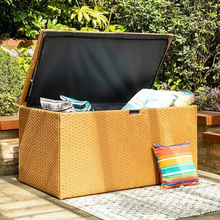 140 Gallons Natural All Weather Wicker Storage Trunk with Metal Frame，Indoor and Outdoor Oversized Waterproof Deck Box for Tools