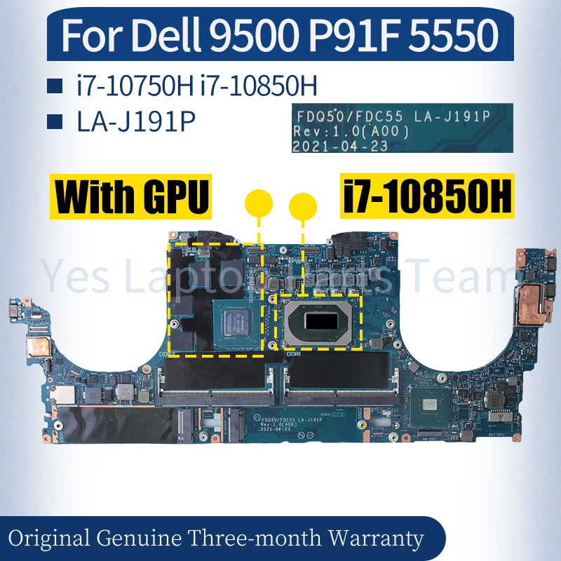 LA-J191P For Dell 9500 P91F 5550 Laptop Mainboard 0RHXRG 0V6K79 00M55X 0W4CRC 0RHXRG i7-10750H i7-10850H  Notebook Motherboard