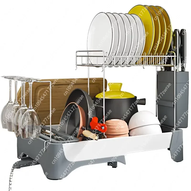 Aluminum Stainless Steel Double Adjustable Eco-Friendly Standing Kitchen Dish Drainer Rack Detachable Design for