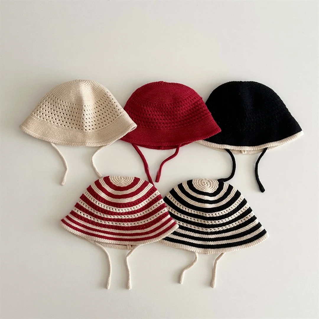 Autumn Casual Baby Bucket Hat Stripe Solid Color Fisherman Hat for 1-3Y Girls Boys Korean Style Infant Hat Daily