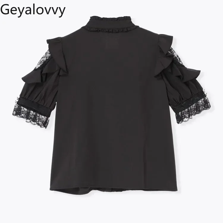 Japanese Lolita Mine Gothic Ruffle Edge Off-shoulder Bow Strap Sweet Short-sleeved Top Versatile Stand-up Neck Embroidered Shirt