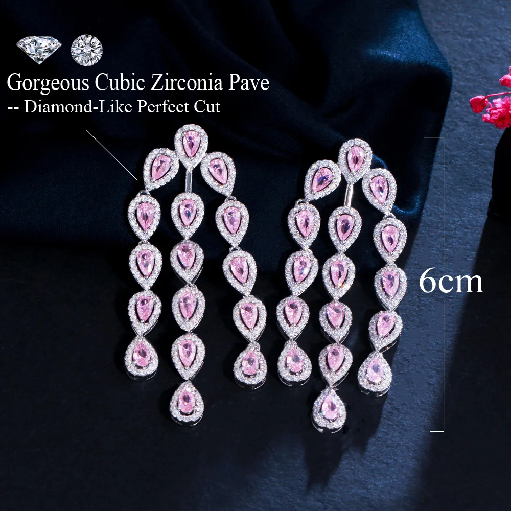 ThreeGraces Shiny Pink Cubic Zirconia Silver Color Long Water Drop Dangle Earrings for Women Bridal Wedding Party Jewelry E1773