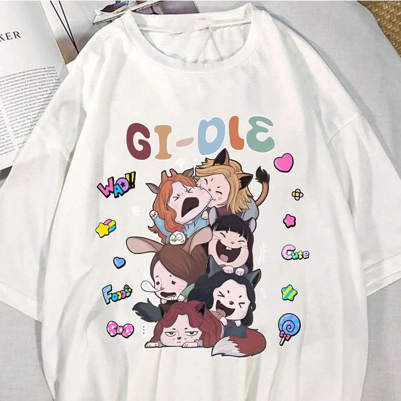 Gidle T Shirt MIYEON MINNIE Soyeon YUQI SHUHUA Cartoon Print T-shirt Kpop Fashion Kawaii Women Men Tops Summer Short Sleeve Tee