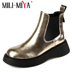 MILI-MIYA New Arrival Women Full Genuine Leather Ankle Boots Slip On Round Toe Solid Color Wedges Plus Size 34-40 Handmade
