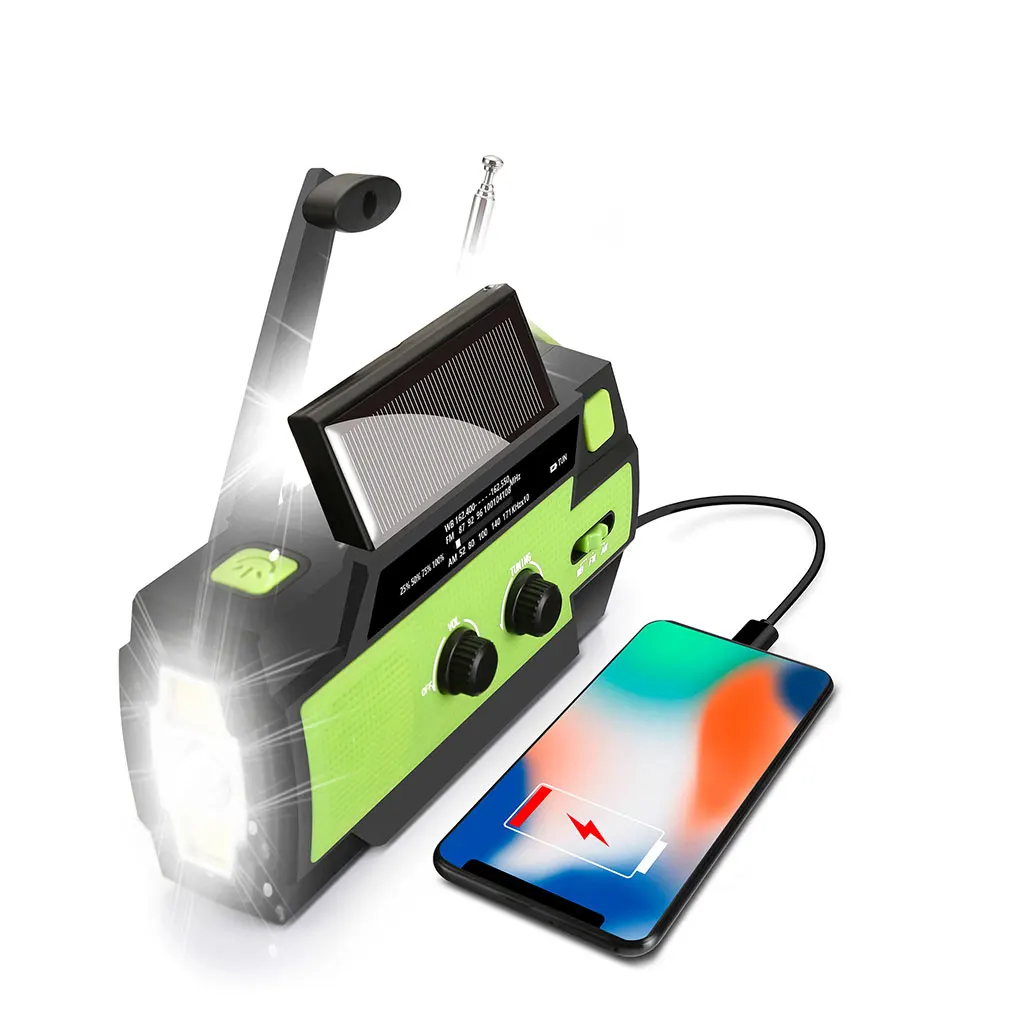 Green Emergency Radio With Super-Bright 3 Mode Flashlight And Portable Power 4 Charging Modes green