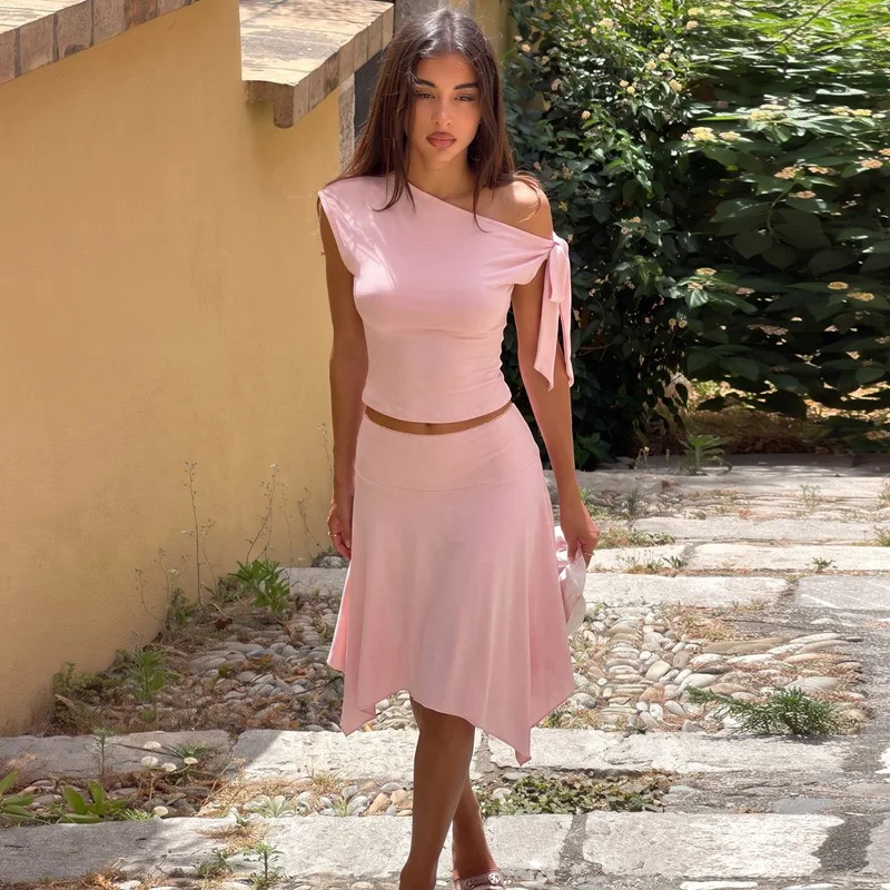 Women 2 Piece Outfit Set Off Shoulder Bow Tie Short Top Asymmetrical Midi Skirt Sets Y2K Elegant Casual Matching Two‑Piece Suit view 6