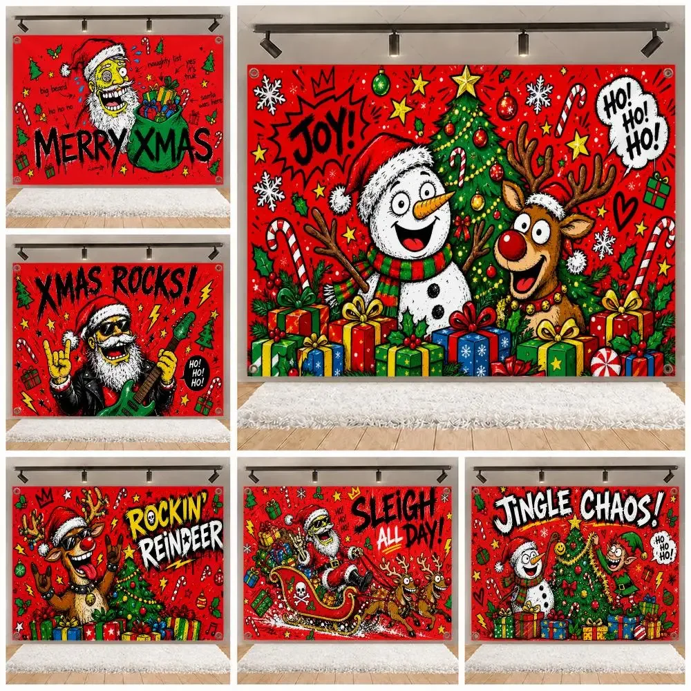 Illustration Ordinary Rock Style Santa Claus decor flag banner,wall hanging flag,indoor outdoor wall decor,yard garden porch