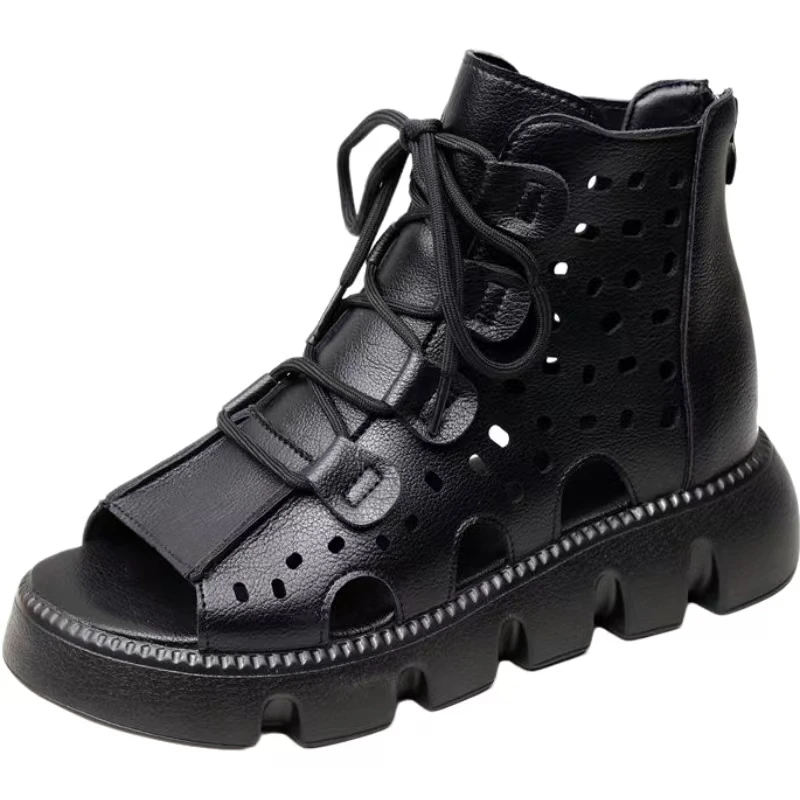 

Women Real Leather Hollow Out Peep Toe Cool Boots Thick Sole Non Slip Breathable Flat sole High Top Zippers Casual Beach Sandals