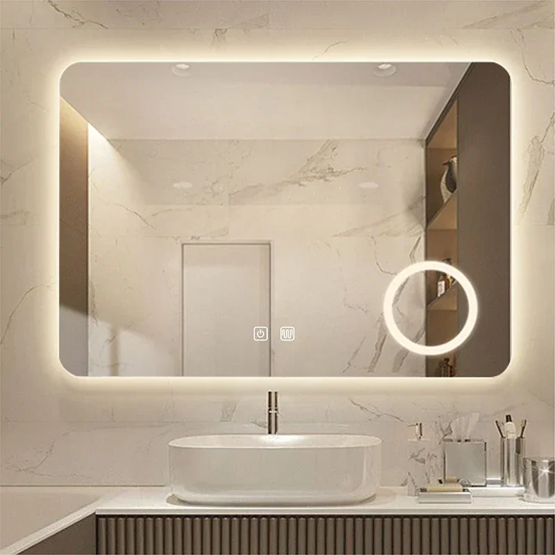 Smart Rectangular Makeup Bathroom Mirror 5x Magnifying Glass Three Color LED Vanity Mirror with Anti-fog Brightness Dimmer