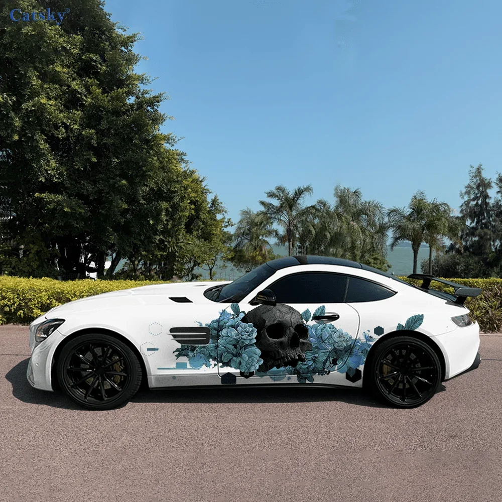 Skull Flowers Car Side Sticker PVC Self Waterproof Stick, Striking Auto Exterior Accessories Decor Protect Gift for Car Lover