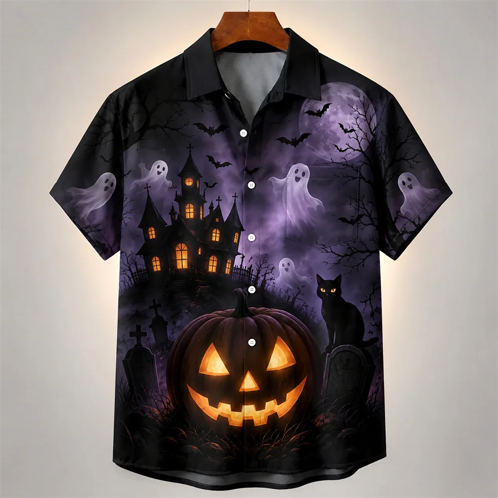 Halloween Jack O Lantern Shirt For Men 3D Horror Ghost Print Short Sleeve Shirt Haunted House Gothic Halloween Party Costume Top