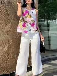 2024 ZANZEA Summer Fashion Floral Printed Matching Sets Women Sleeveless Tops Trousers Suits 2PCS Bohemian Pants Sets Outifits