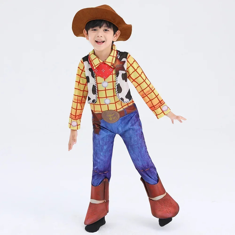 Yellow Four Pieces Suits Cowboys Shirt+Vest+Pants Woody Cosplay Costume For Halloween Birthday Party Carnival Fancy Dress Up