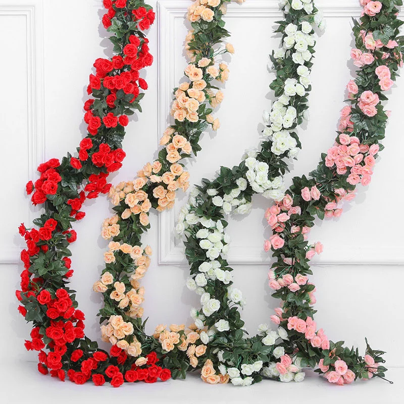 45/69head Rose Artificial Flowers Vine Garland Silk Flower Outdoor Garden Wall Decor Flower Wedding Home Christmas Decoration