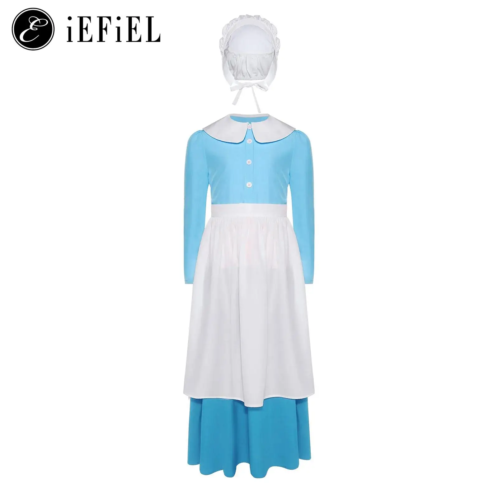 

Girls Pilgrim Maid Cosplay Costume Long Sleeve Button Down Shirts Maxi Skirts with Apron Bonnet Halloween Masquerade Dress-up
