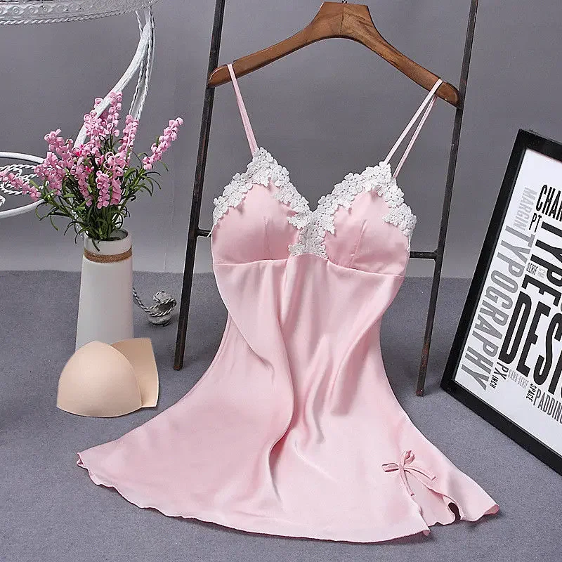 Women Sexy Silk Sleep Robe Lace Bow Straps Nightgown Soft Lightweight Home Lounge Dress For Wedding Party Daily Sleepwear