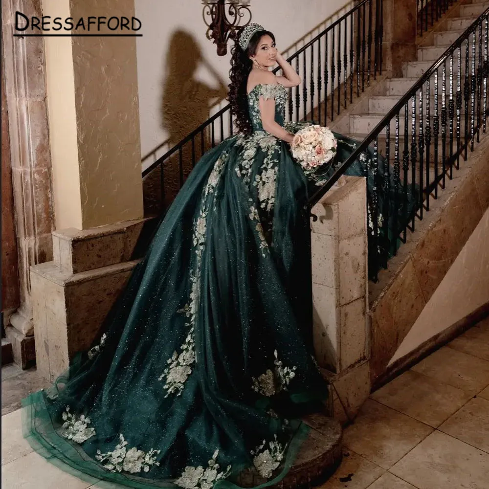 Green Off The Shoulder Quinceanera Dresses Sequin Appliques Ball Gown Birthday Gown Lace-Up Sparkly Sweet 16 Dresses