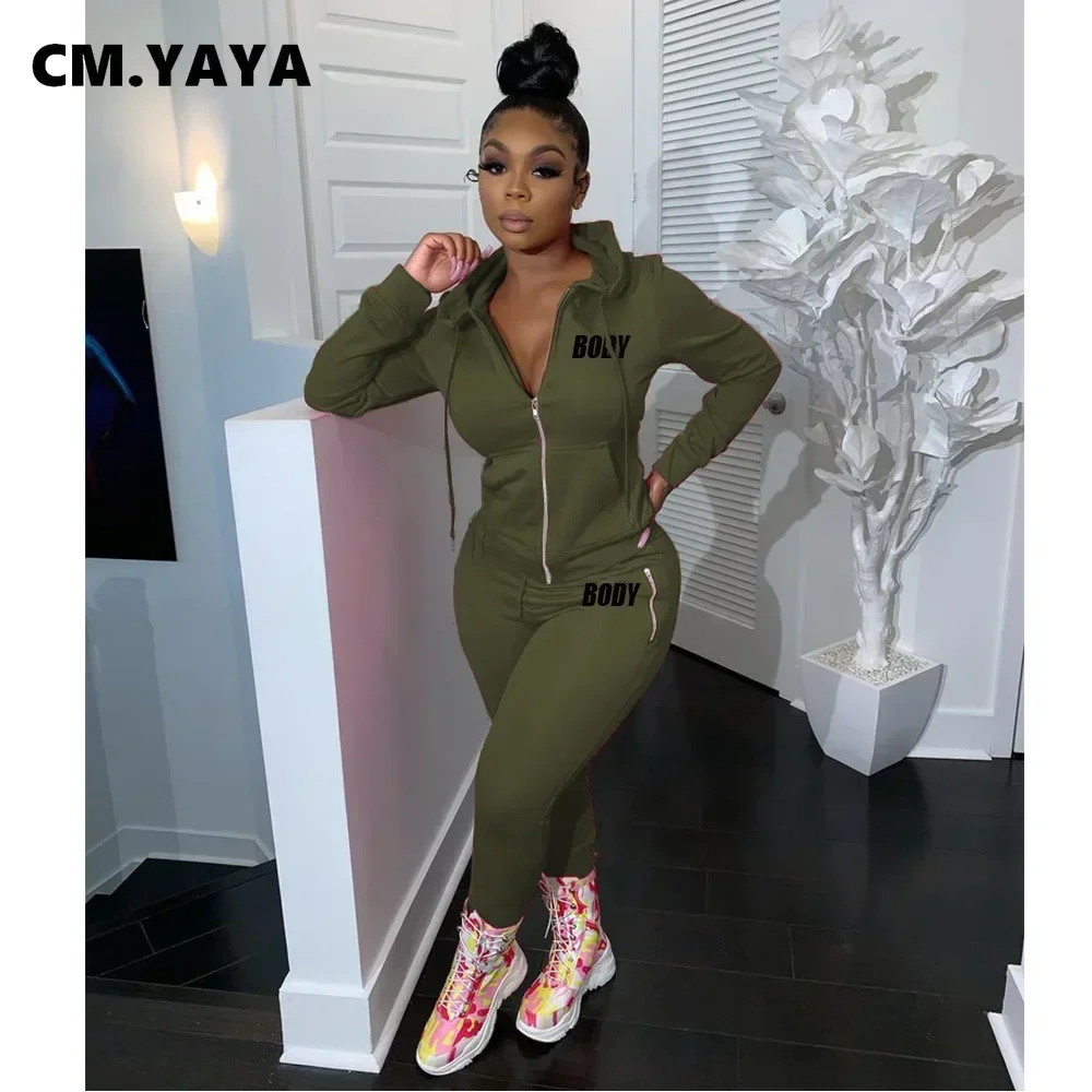 CM.YAYA Spring Winter Body Letter Women Two 2 Piece Set Outfit Zipper Fly Hoodies and Pants Set Active Sport Tracksuit Sweatsuit