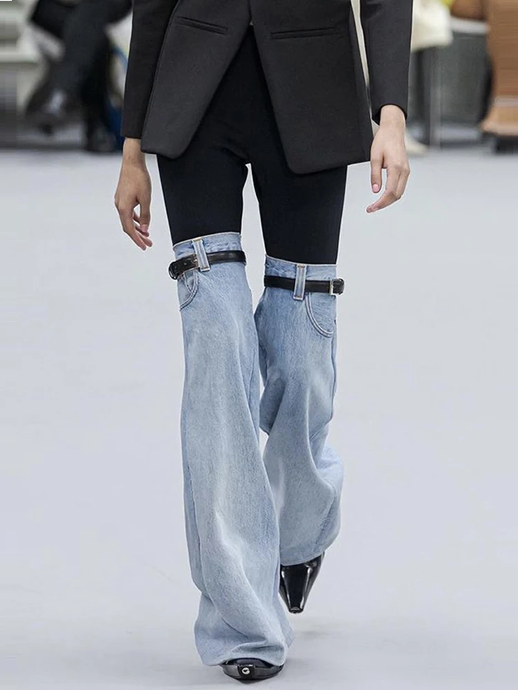 

VGH Retro American Spliced Color Blo Denim Pants High Waist Wide Leg Micro Flared Long Trousers for Women Spring Autumn