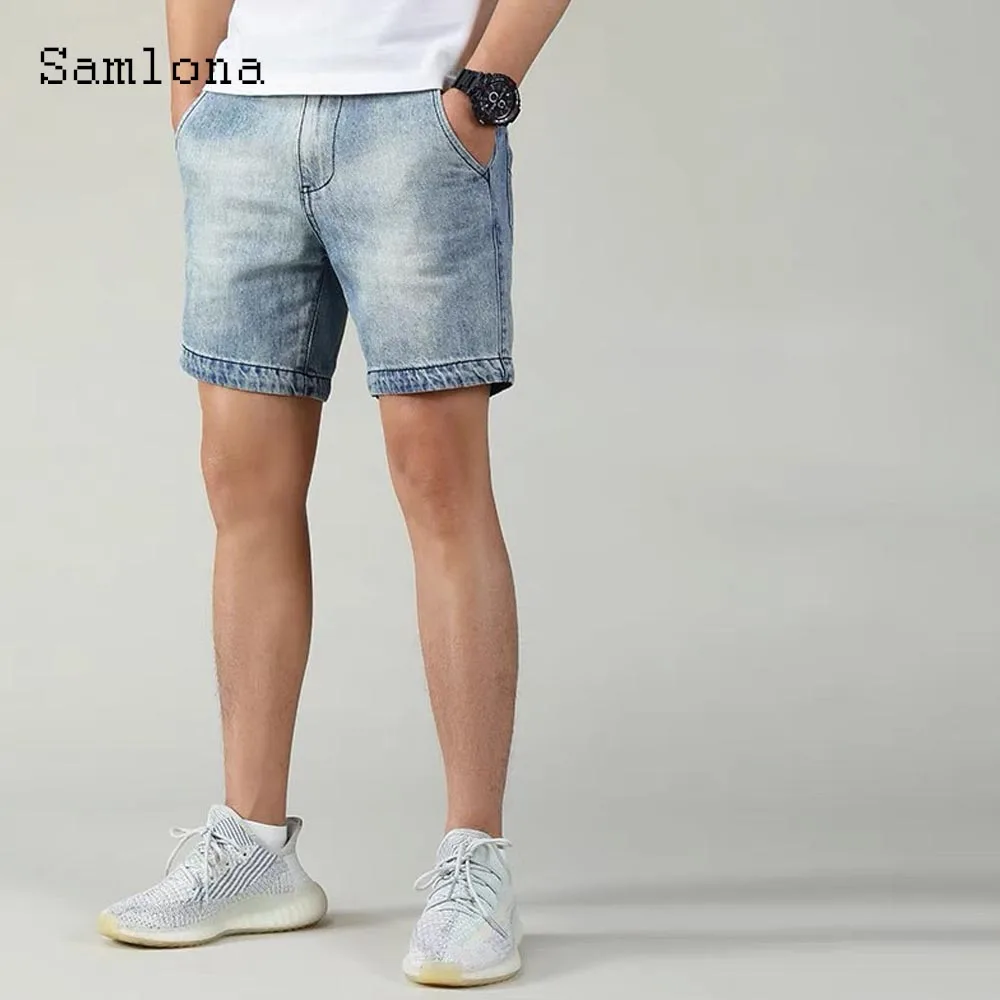 Celana Pendek Denim Antik Saku Berdiri Pria 2025 Jeans Pendek Dasar Fashion Musim Panas Baru Celana Setengah Demin Retro Kasual Luar Ruangan Pria