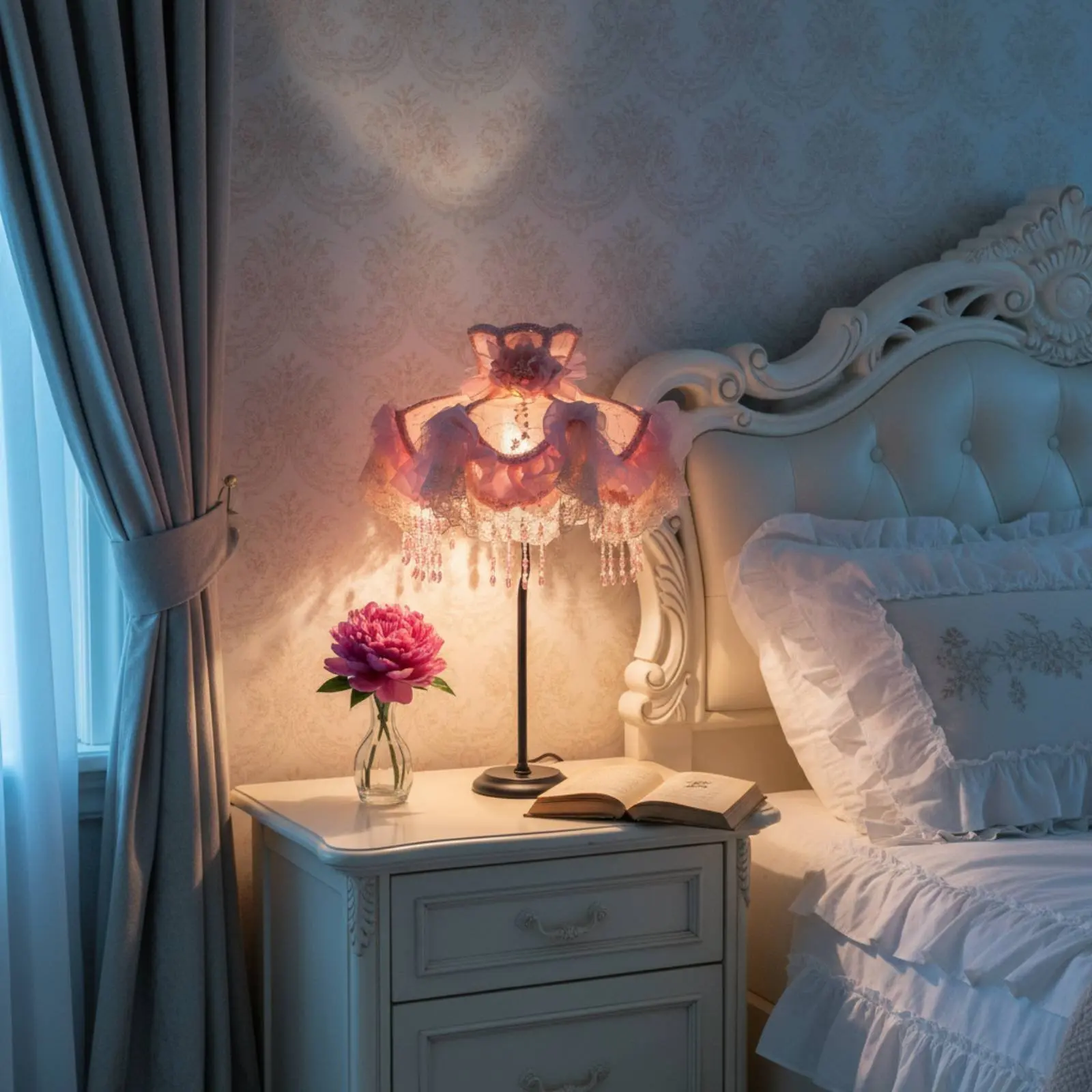 

Lace Tassel Lamp Cover Vintage Design Beaded Textile Lampshade Ornate Table Lamp Shade with Tassels and Beads for Bedroom