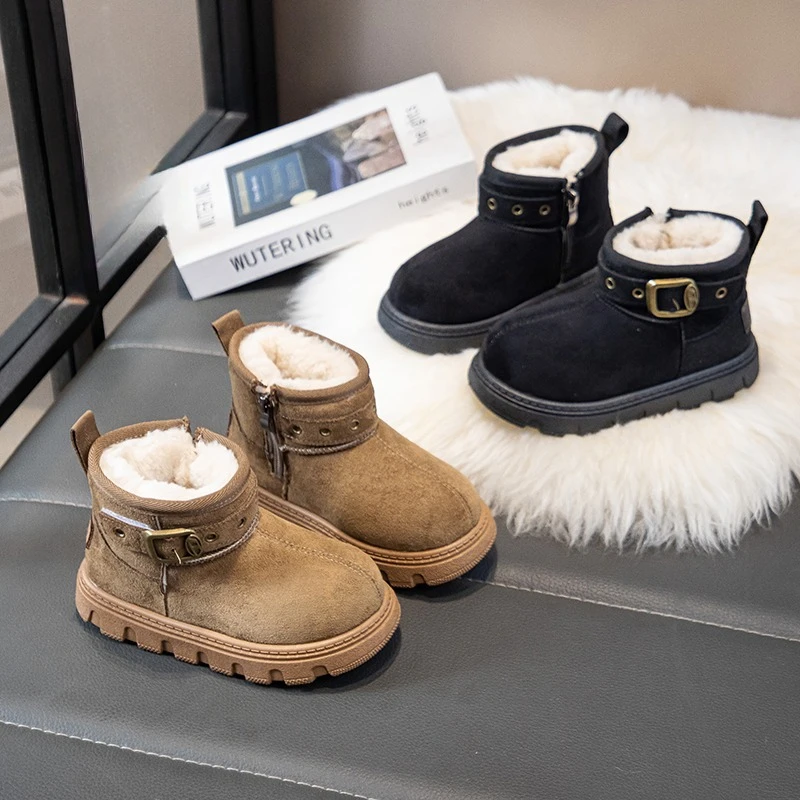 

Мягкие теплые ботинки на меховой подкладке с волосатой подкладкой для мальчиков и девочек, новинка 2023 года, зимние детские ботильоны на нескользящей толстой подошве, универсальные детские снегоступы