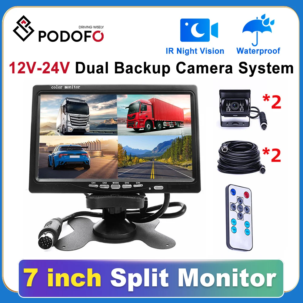 

Podofo 7" Split Screen Quad Monitor for Auto 18 IR Night Vision Backup Camera Aviation 4 Pins Car Rear View Camera for RV Truck