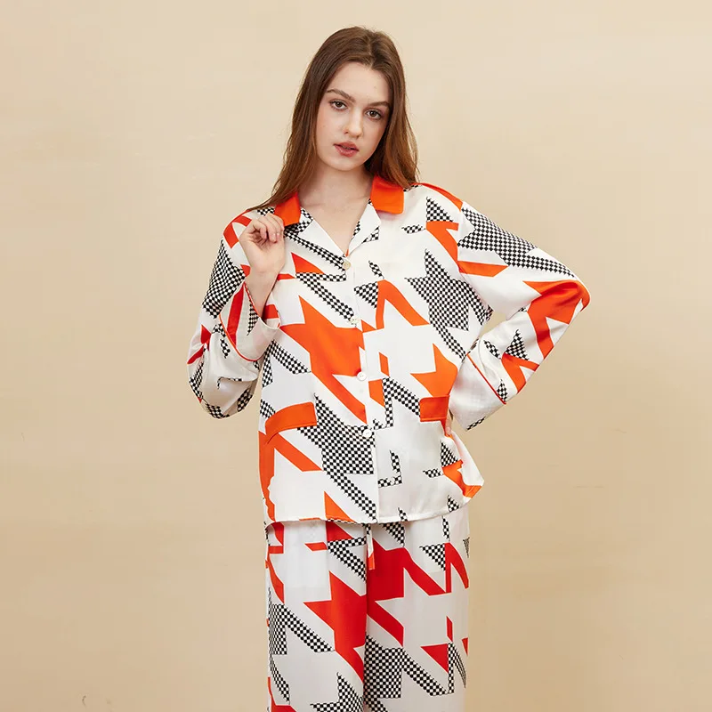 100% Natural Mulberry Silk Sleepwear Two-piece Set Fashionable Contrasting Color Thousand Bird Grid Printed Sleepwear Set