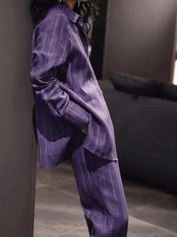 SuperAen Purple Striped V-neck Shirt Wide-leg Pants Women 2026 Spring and Autumn New European and American Style Two-piece Sets