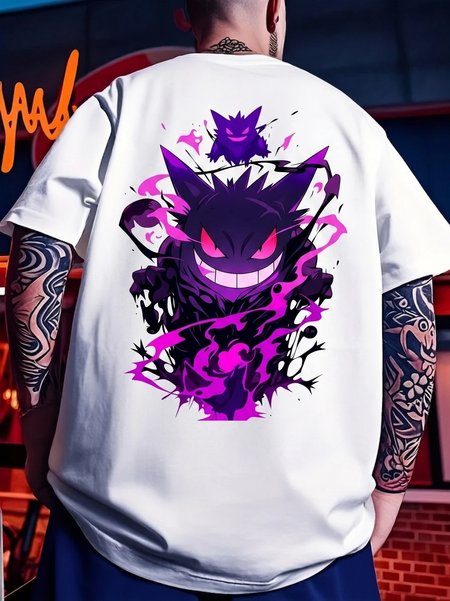 Pokemon Gengar Dark Purple Flame Anime T-Shirt Herren Streetwear Oversized Kurzarm Baumwoll-T-Shirts Unisex Casual Tops