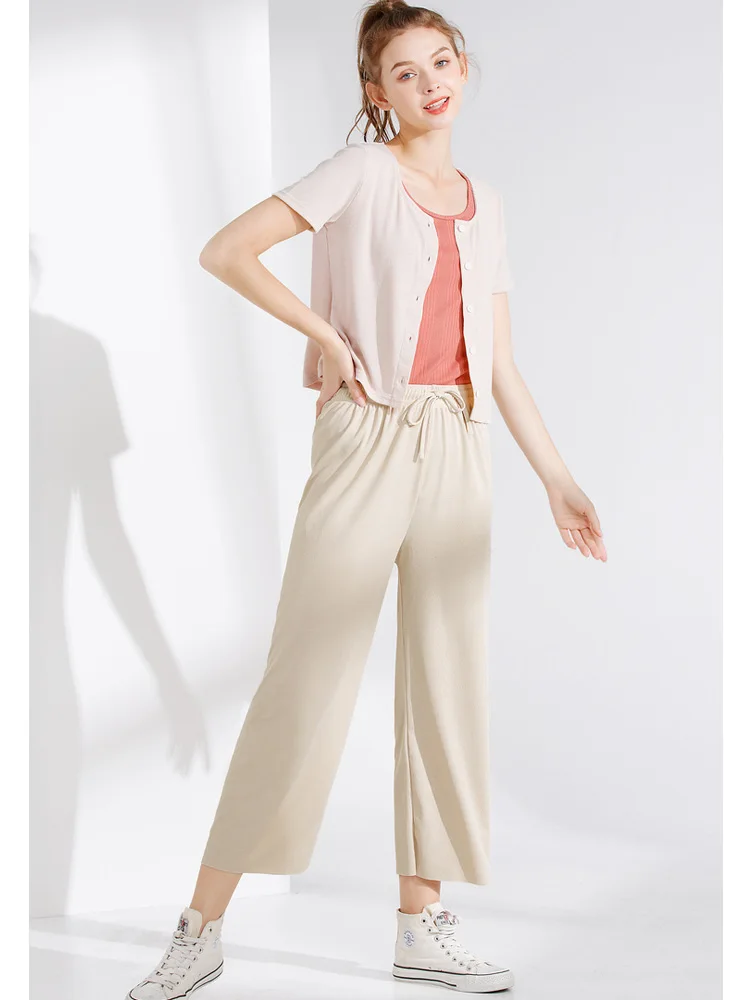 Women Ankle-Length Wide Leg Pants Casual Summer Solid Elastic Waist Loose Ice S… - Image 3
