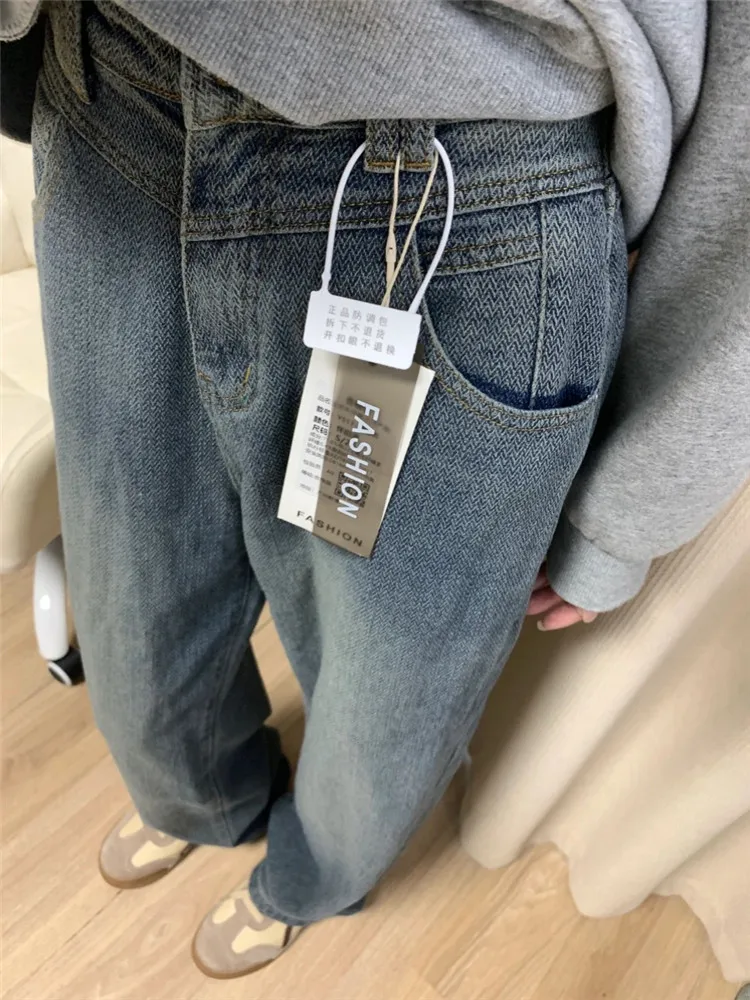 

Американские ретро-джинсы с высокой талией, свободные, прямого кроя, женские, весенне-осенние, длинные, в пол, с эффектом похудения