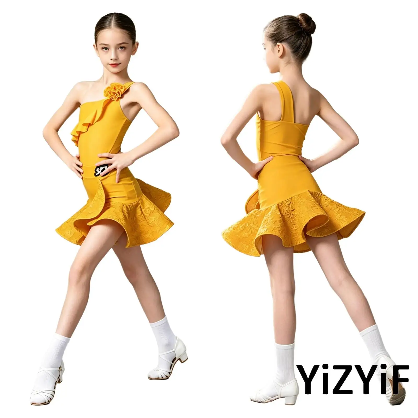 

Kids Girls One Shoulder Ruffled Latin Dance Costume Lyrical Artistic Gymnastics Dance Clothes for Tango Salsa Ballroom Dancing