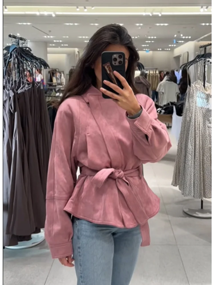 

Pink Faux Suede Coat 2 Piece Set Women Elegant Wrap Belted Jacket Retro Midi Slit Skirt Sets Lady Spring Romantic Street Outwear