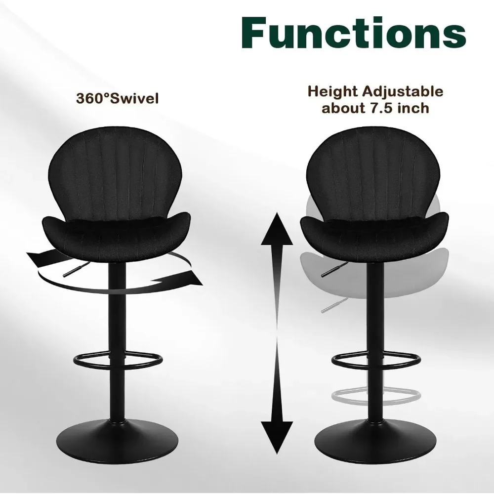 2-piece set of armless counter chairs with backrest and footrest. Velvet height adjustable rotating bar stool