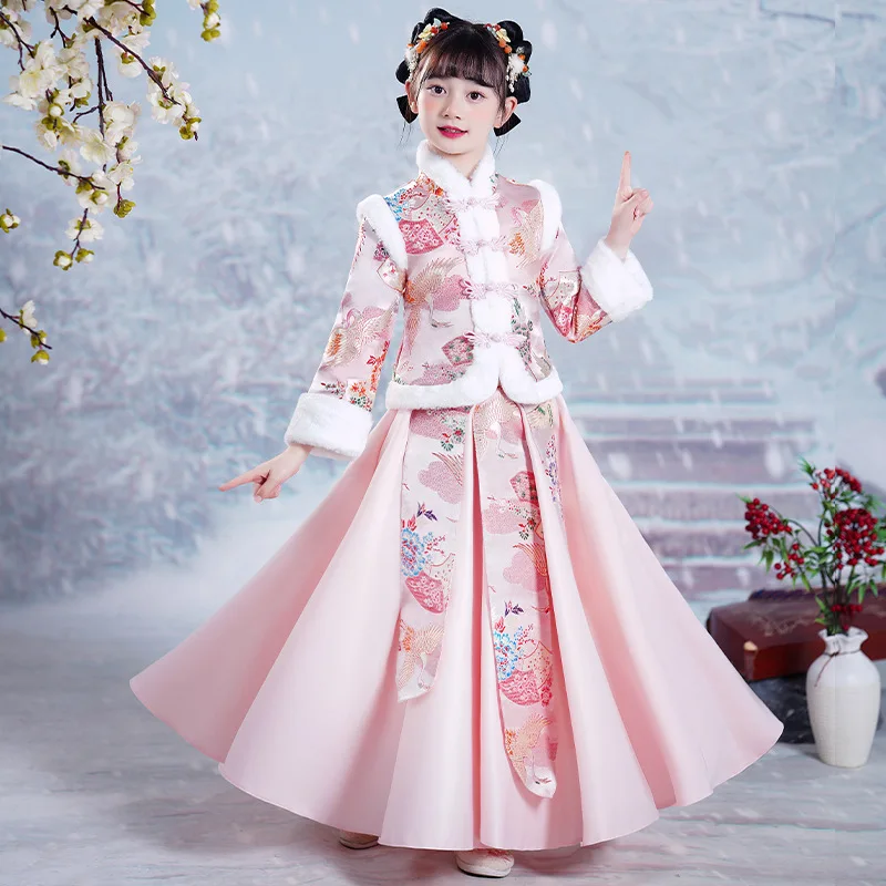 Princess Winter Warm Chinese Hanfu Dress Girl Christmas Party Clothing Kids Sequin Wedding Dresses Children  New Year Costume