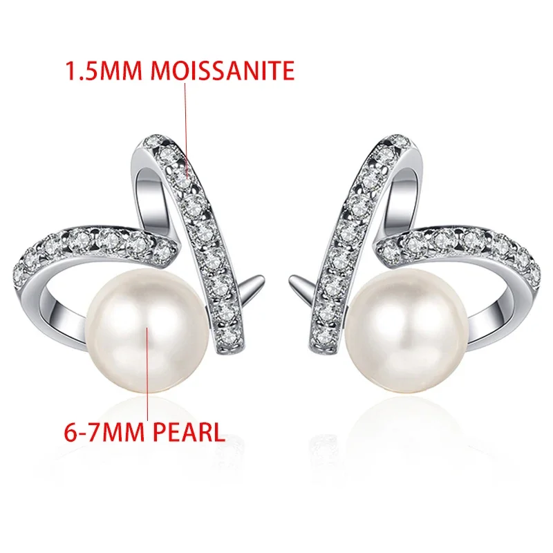 TFGLBU 100% All Full Moissanite Pearl Stud Earrings for Women Real Solid 925 Silver Love Ear Engagement Wedding Elegant Jewelry