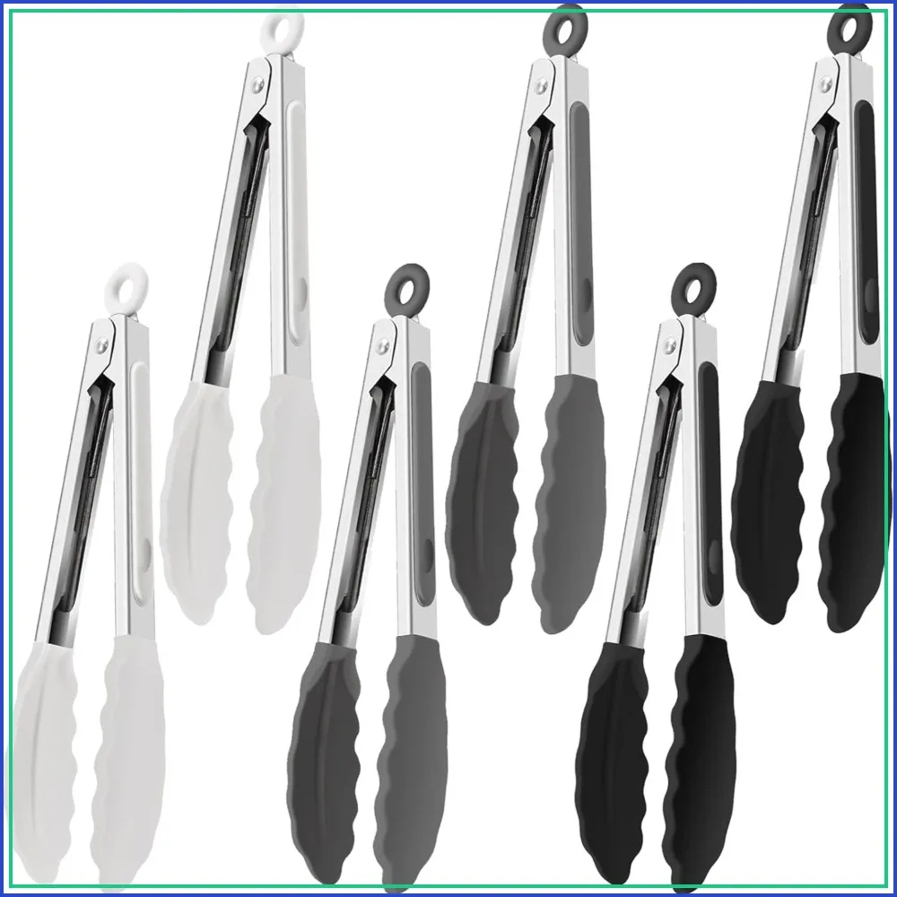 6 PCS Silicone Tongs, 7 Inch Stainless Steel Kitchen Tongs, Heat Resistant Non-Stick for Cooking Grilling Salad BBQ with Locking